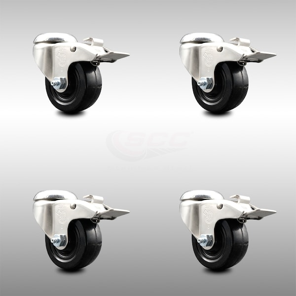 3 Inch 316SS Soft Rubber Swivel Bolt Hole Caster Set with Lock Brake SCC